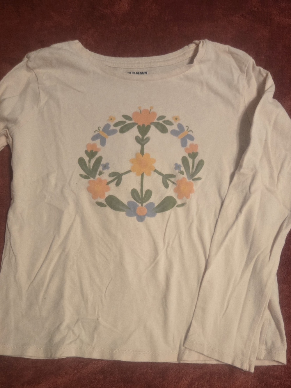 Old Navy Cream Long-Sleeve Top with Pastel Floral Peace Graphic